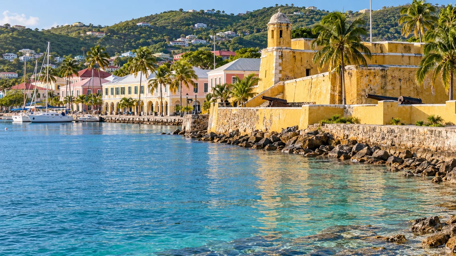 AI ilustrace: Christiansted · St. Croix, Americké Panenské ostrovy — ilustrační pohled na místní architekturu a krajinu