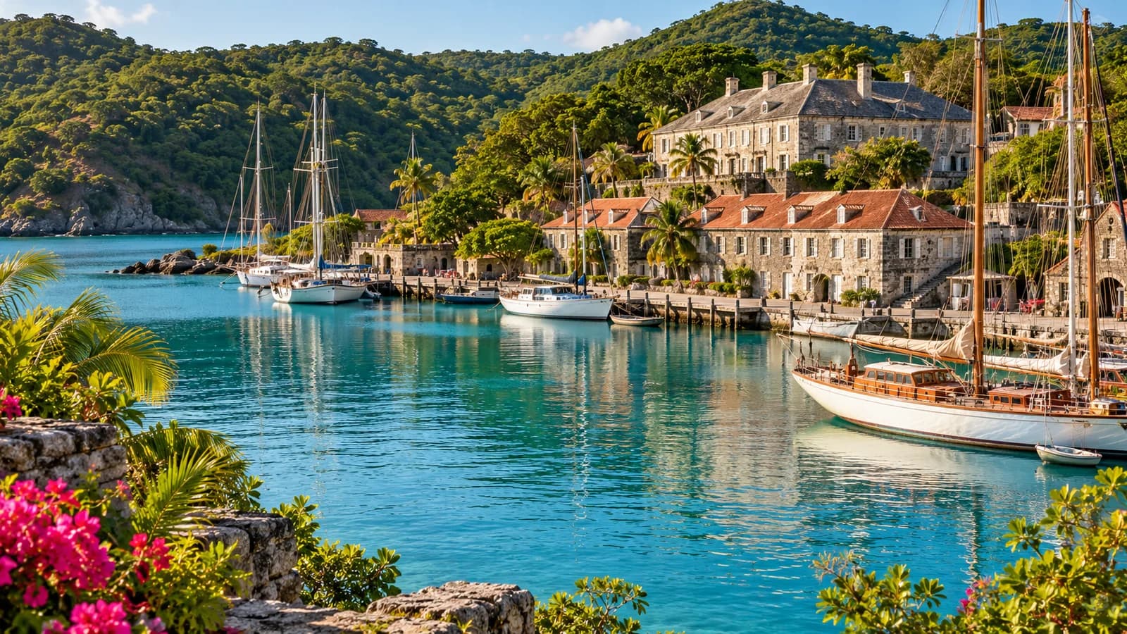 AI ilustrace: English Harbour, Antigua a Barbuda — ilustrační pohled na místní architekturu a krajinu