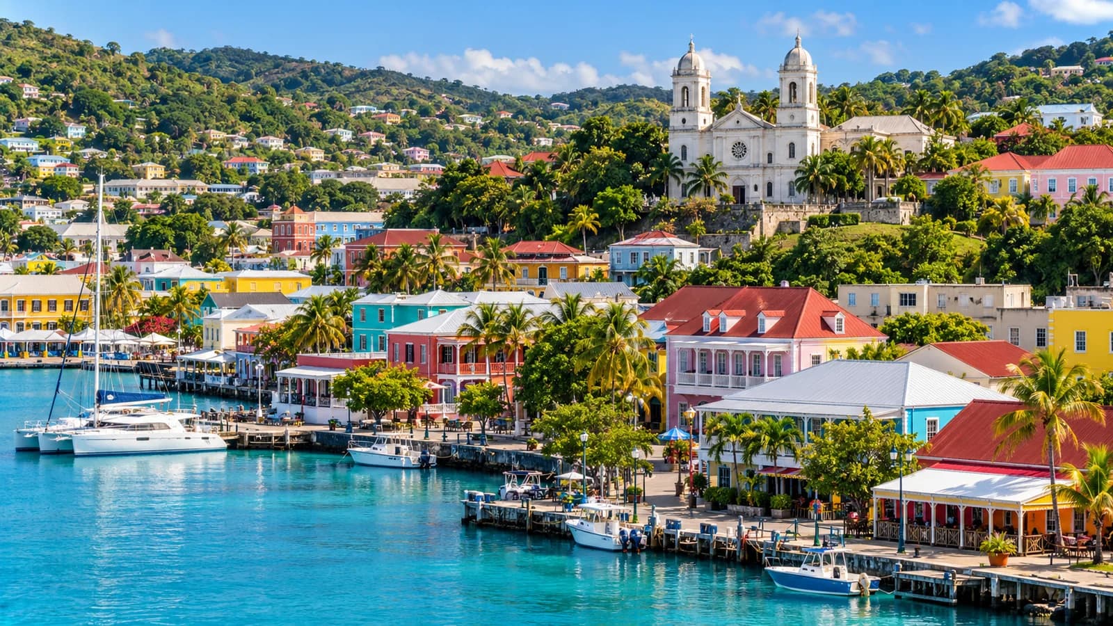 AI ilustrace: St. John's, Antigua a Barbuda — ilustrační pohled na místní architekturu a krajinu