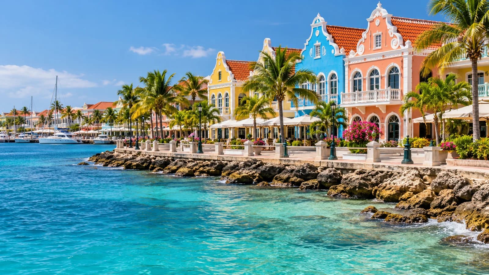 AI ilustrace: Oranjestad, Aruba — ilustrační pohled na místní architekturu a krajinu