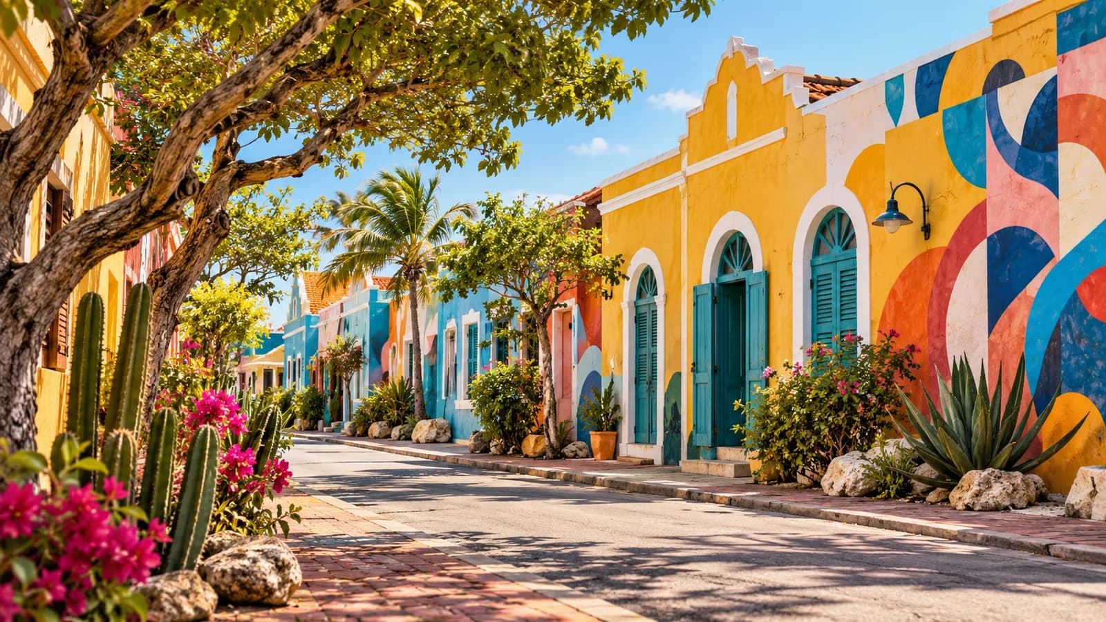 AI ilustrace: San Nicolas, Aruba — ilustrační pohled na místní architekturu a krajinu