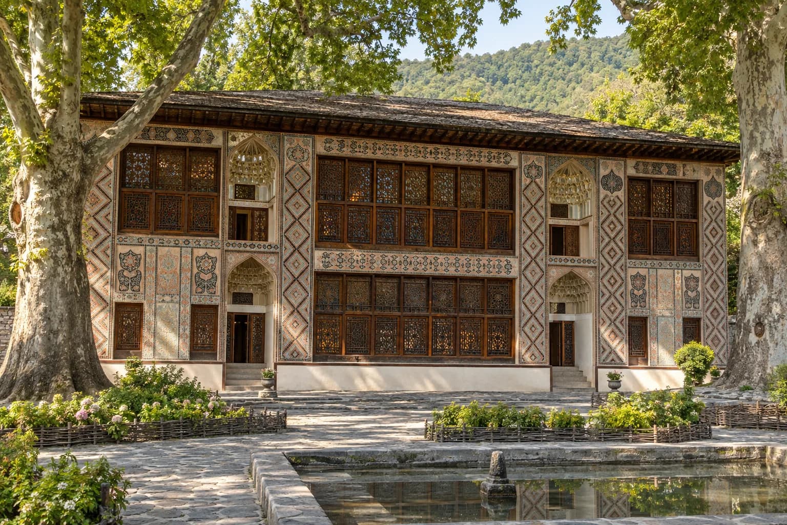 AI ilustrace architektury a prostředí města Šeki
