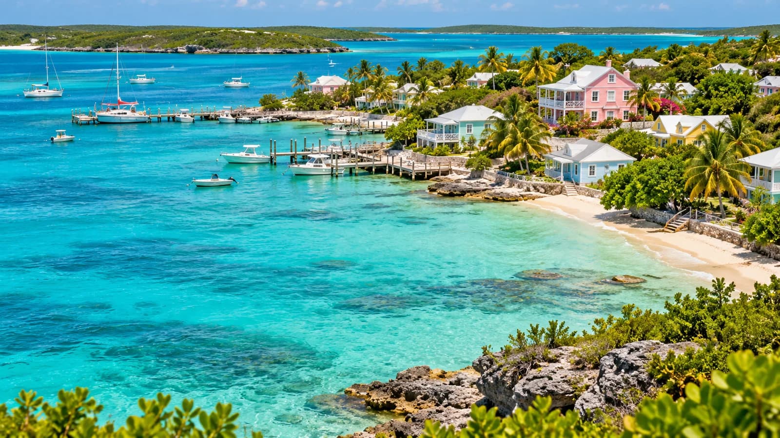 AI ilustrace: George Town · Exuma, Bahamy — ilustrační pohled na místní architekturu a krajinu