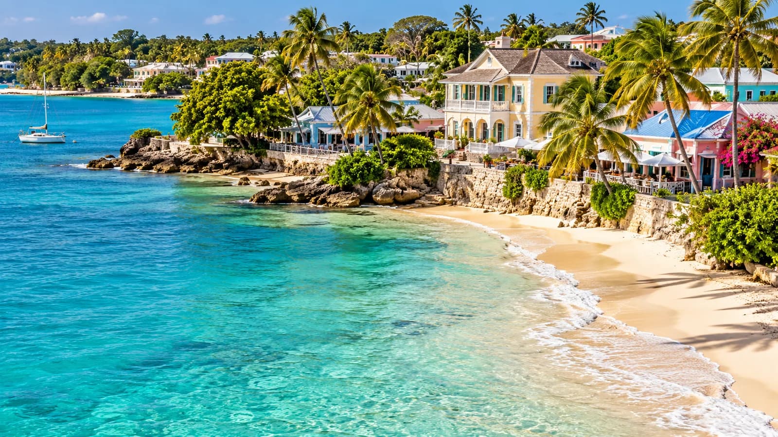 AI ilustrace: Holetown, Barbados — ilustrační pohled na místní architekturu a krajinu
