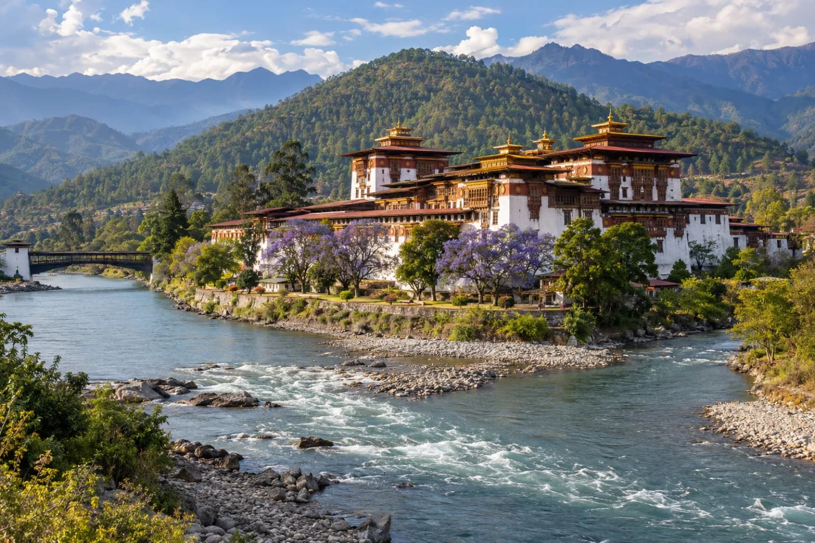 AI ilustrace Punakha: krajina a místní architektura