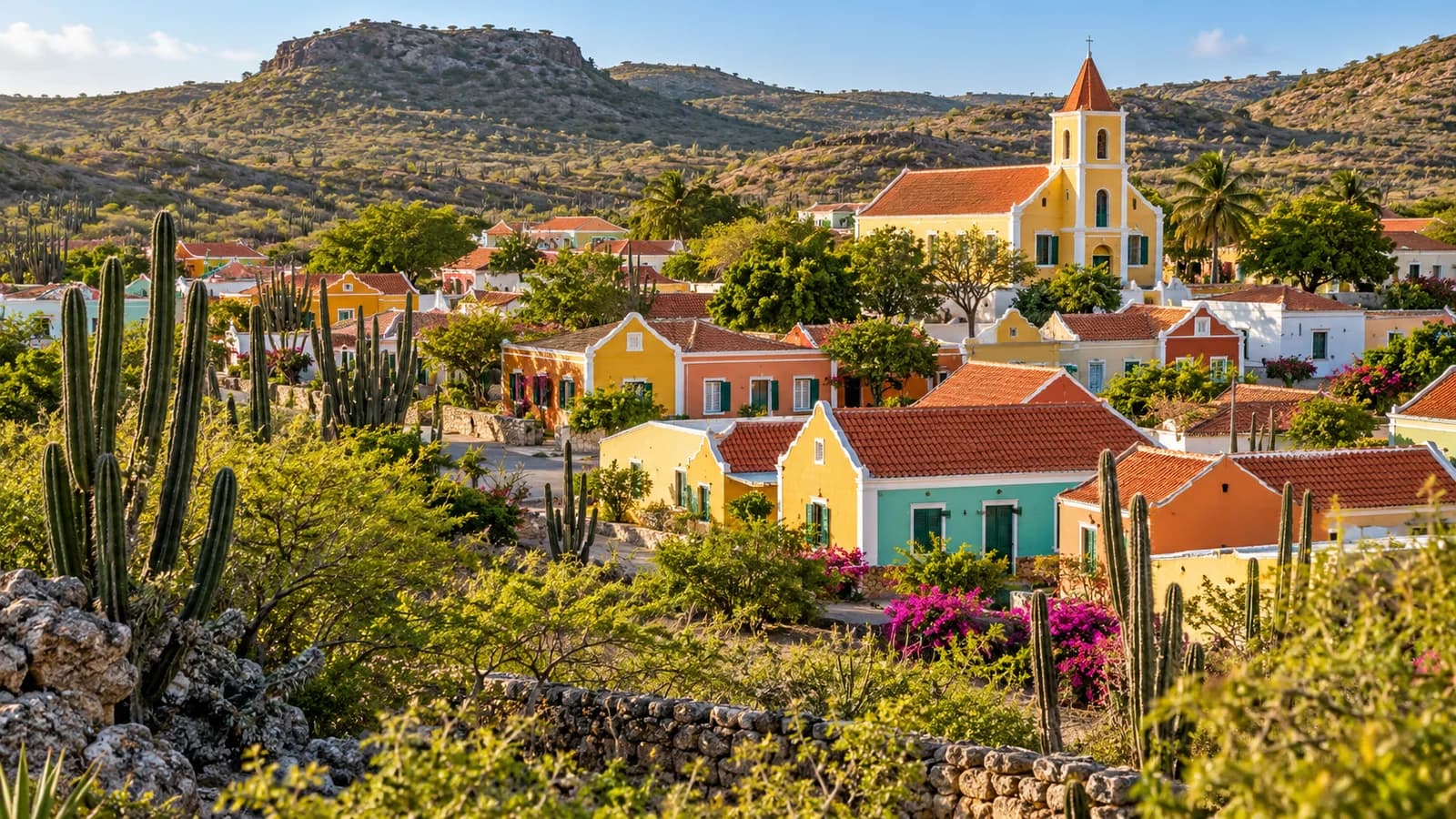 AI ilustrace: Rincon, Bonaire — ilustrační pohled na místní architekturu a krajinu