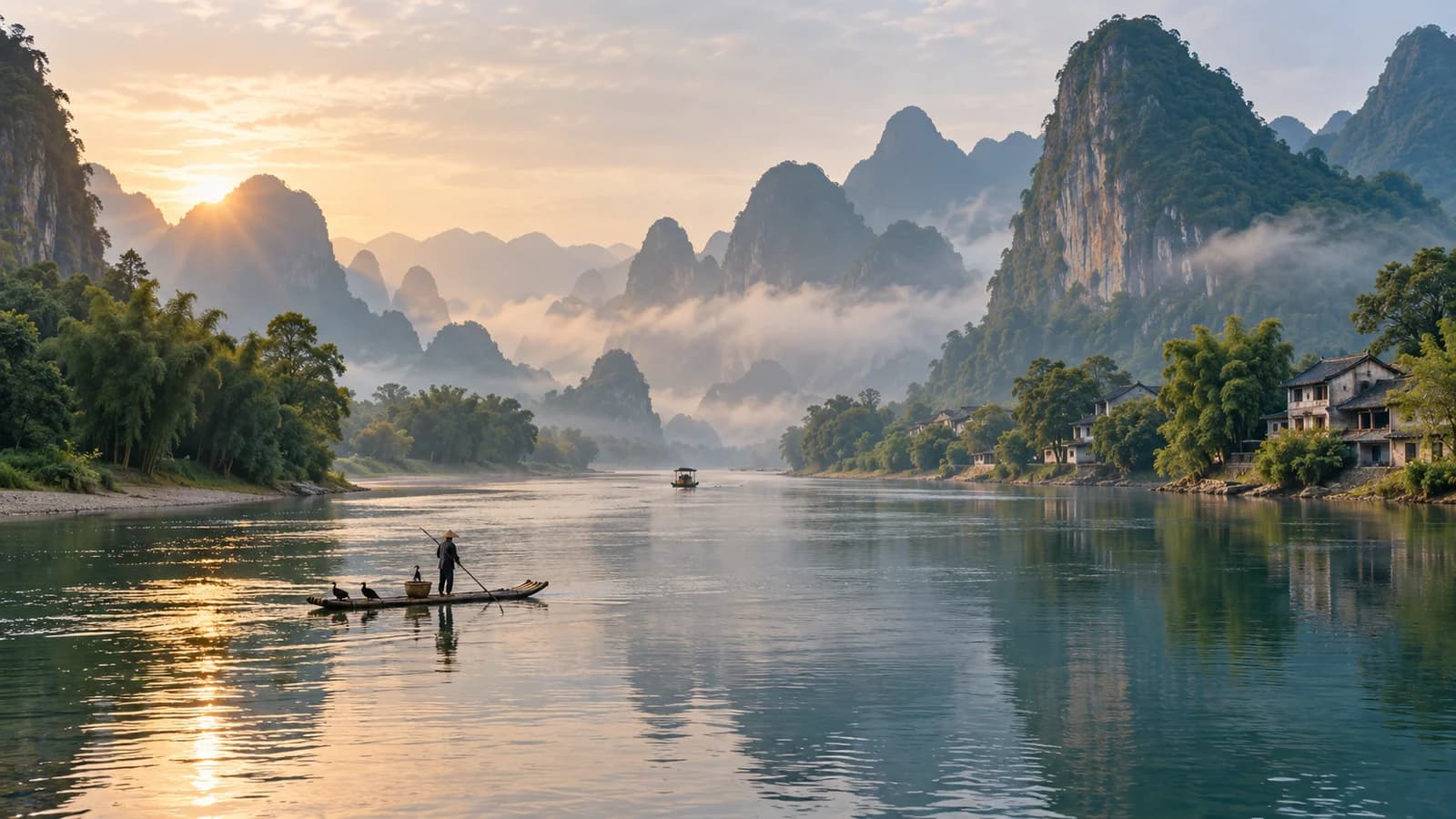 AI ilustrace Guilin: krajina a místní architektura