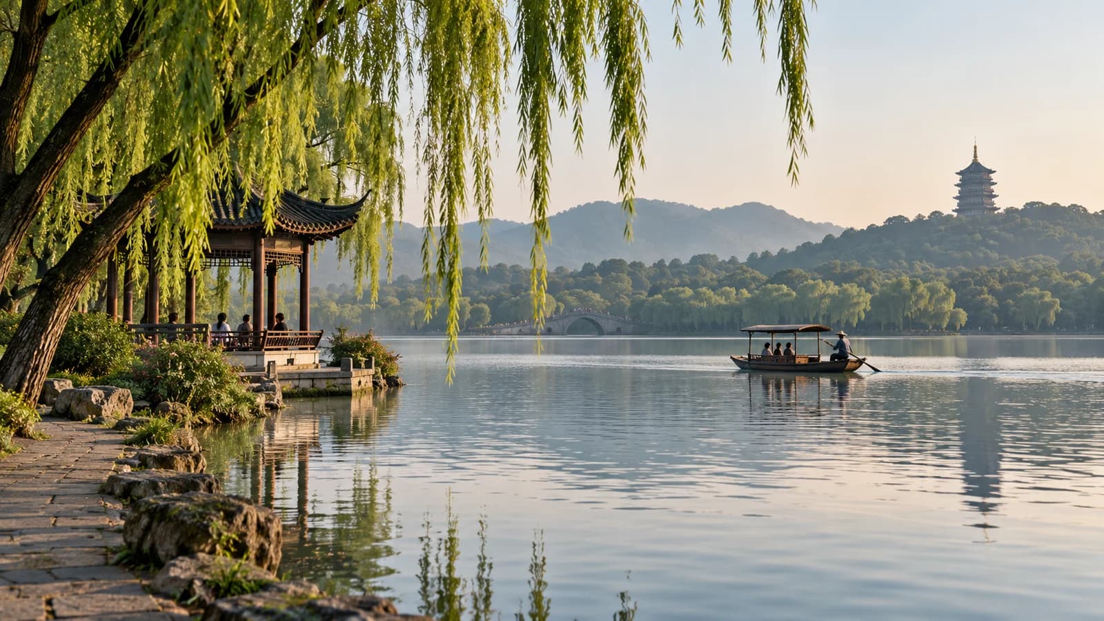 AI ilustrace Hangzhou: krajina a místní architektura
