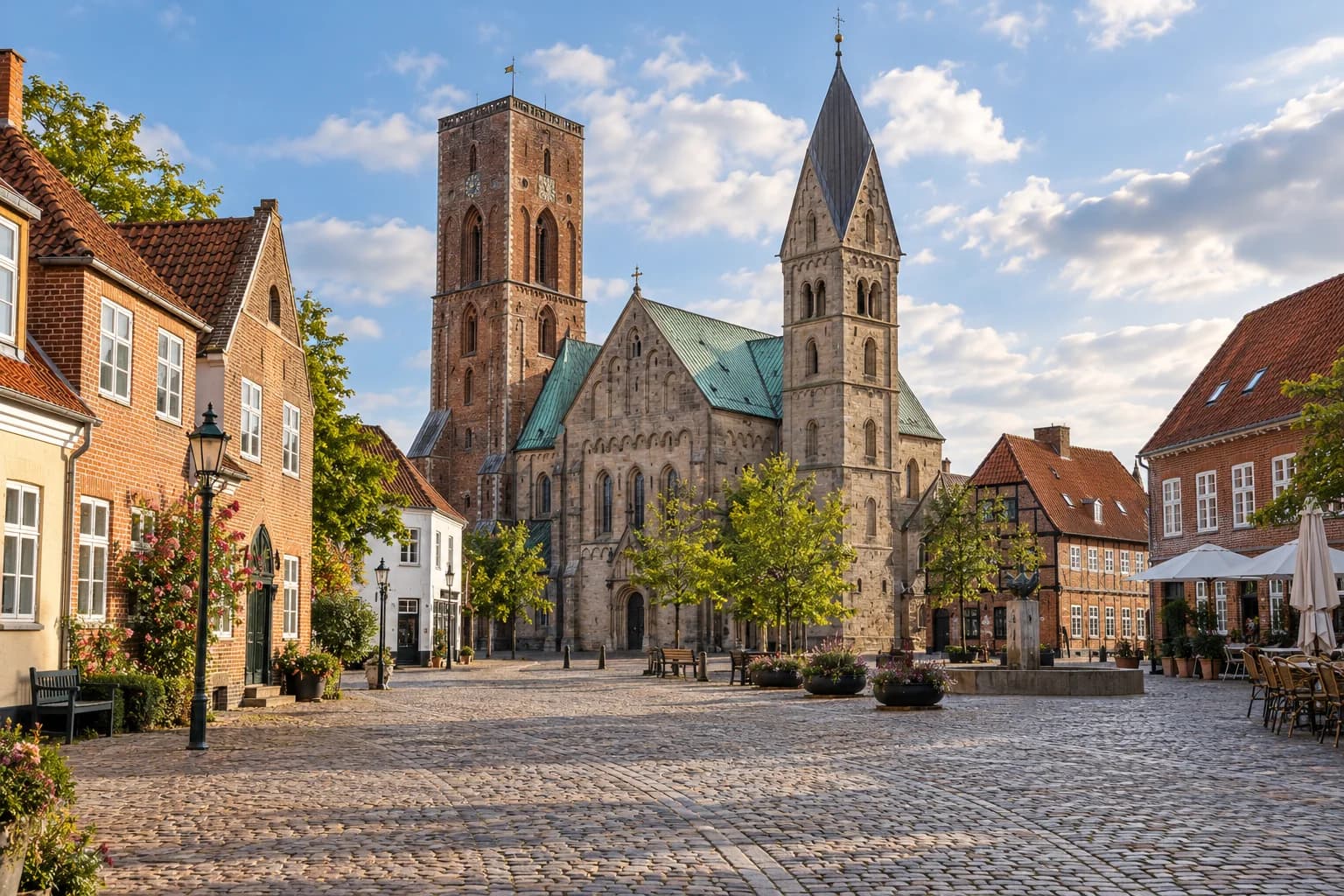 AI ilustrace katedrály a centra Ribe