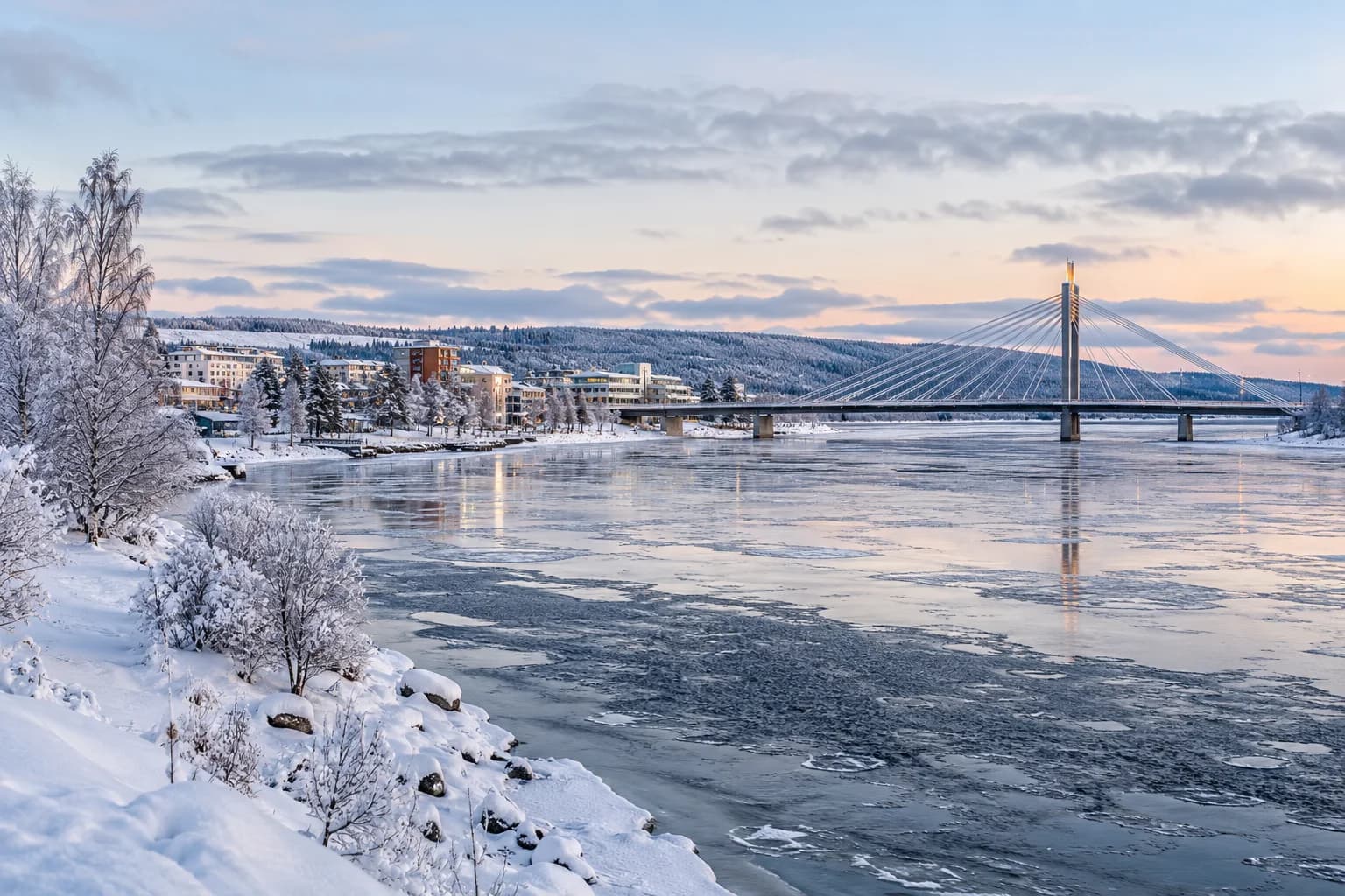 AI ilustrace zimního nábřeží a mostu Jätkänkynttilä v Rovaniemi