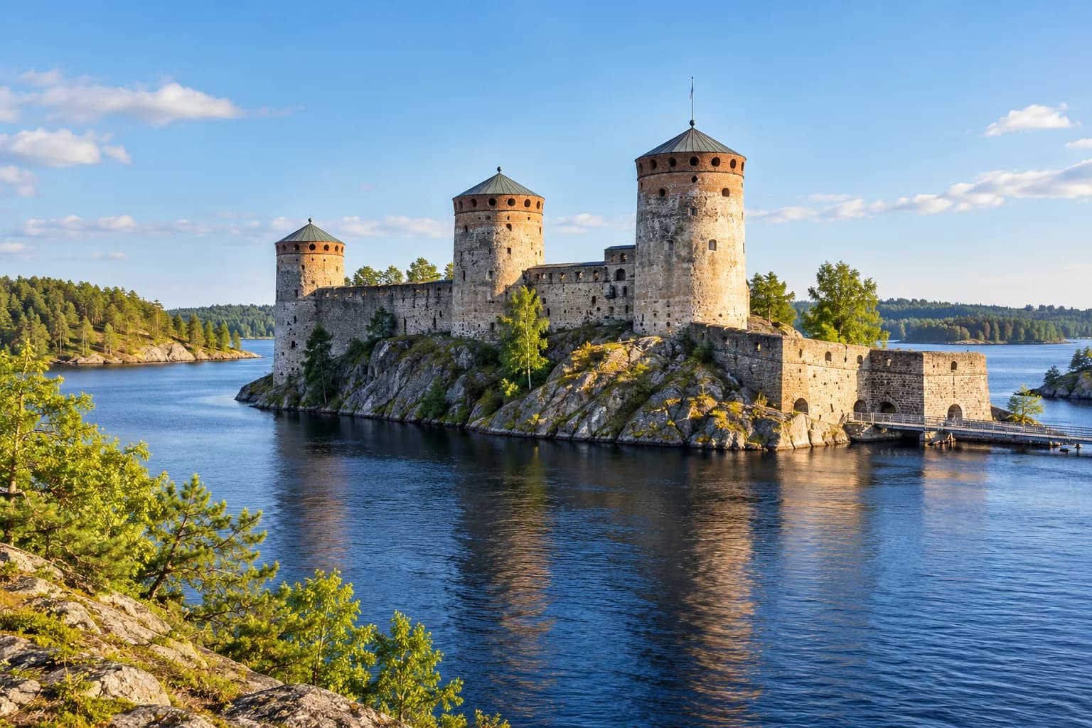 AI ilustrace Olavinlinny nad vodou v Savonlinně