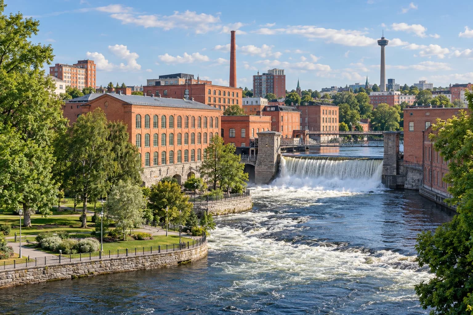 AI ilustrace Tammerkoski a Finlaysonu v Tampere