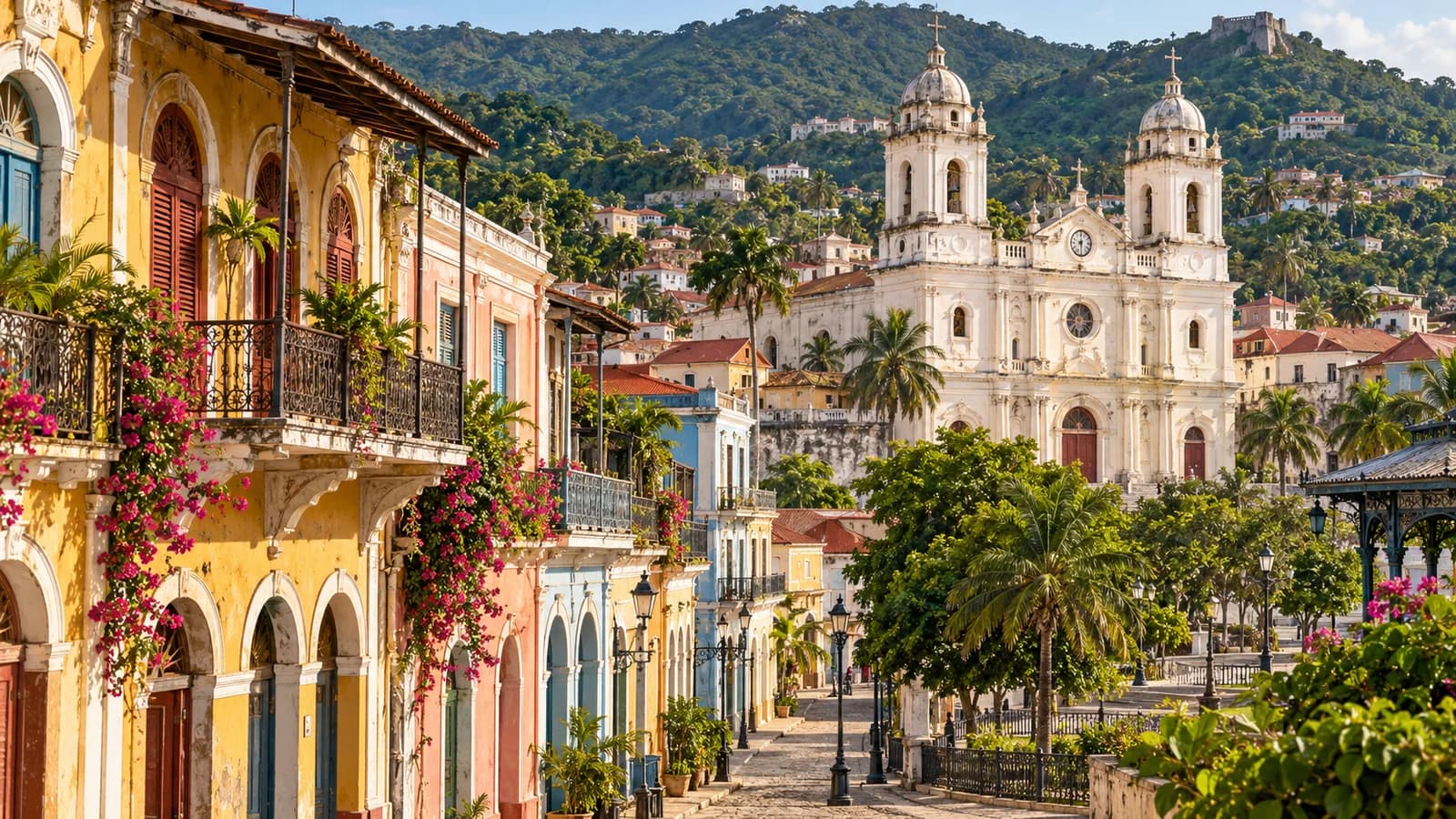 AI ilustrace: Cap-Haïtien, Haiti — ilustrační pohled na místní architekturu a krajinu
