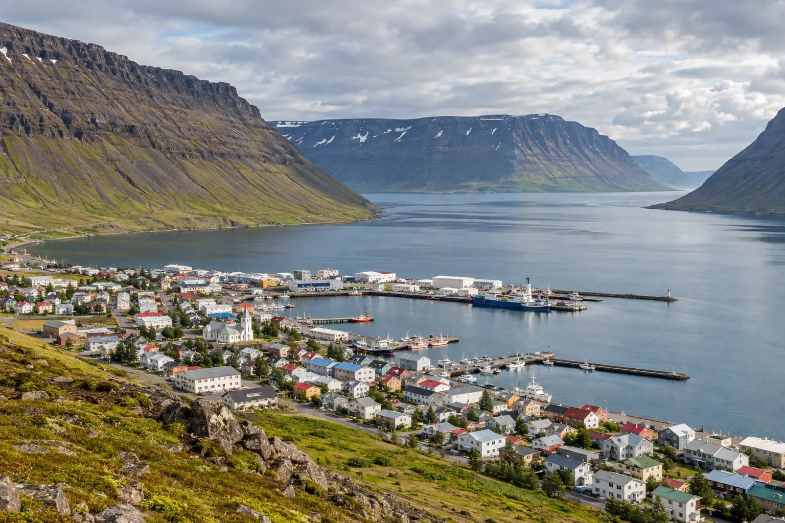 AI ilustrace Ísafjörðuru mezi fjordy