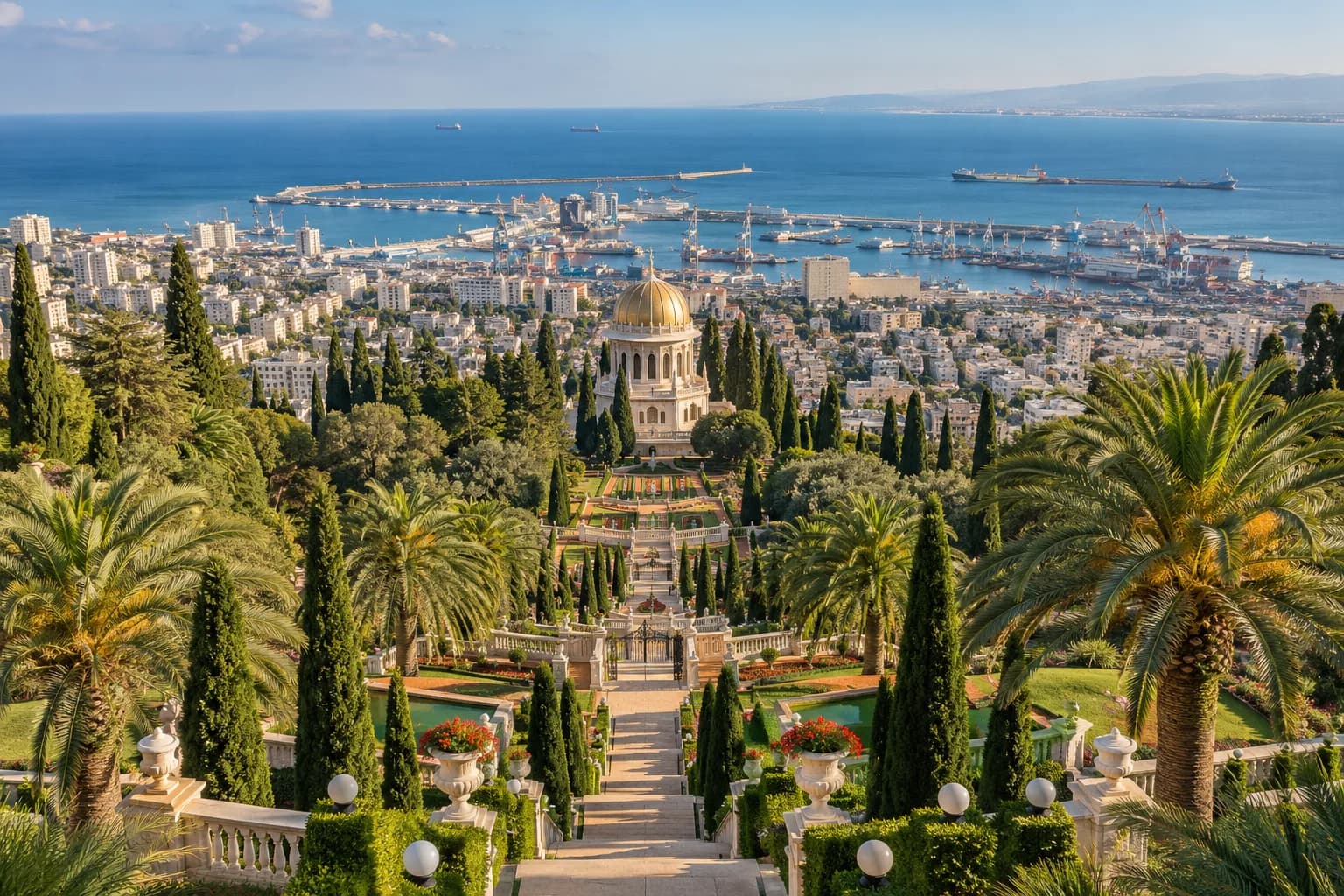 AI ilustrace Haifa, tradiční architektury nebo krajiny; nikoli aktuálních podmínek