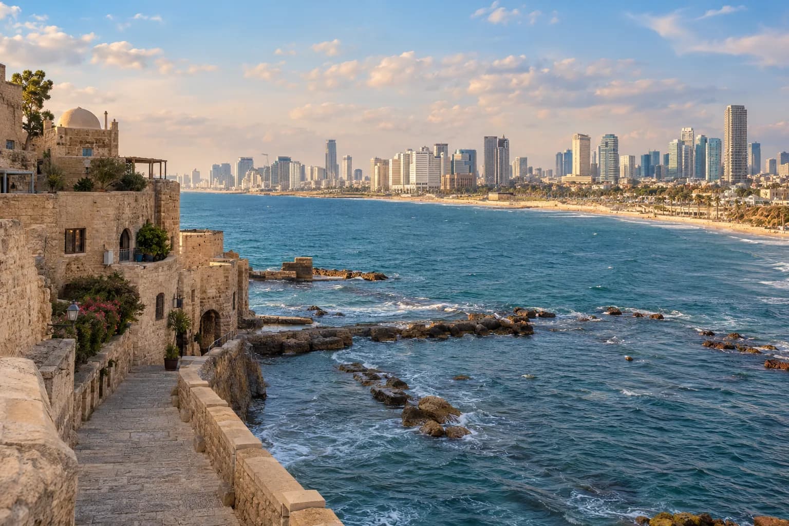 AI ilustrace Tel Aviv–Jaffa, tradiční architektury nebo krajiny; nikoli aktuálních podmínek