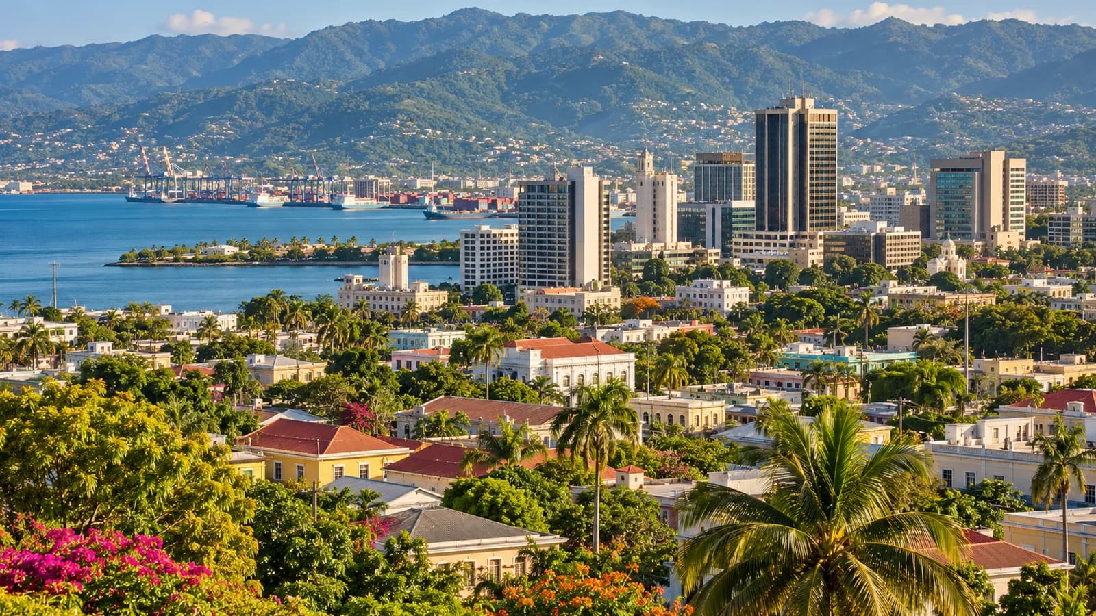 AI ilustrace: Kingston, Jamajka — ilustrační pohled na místní architekturu a krajinu