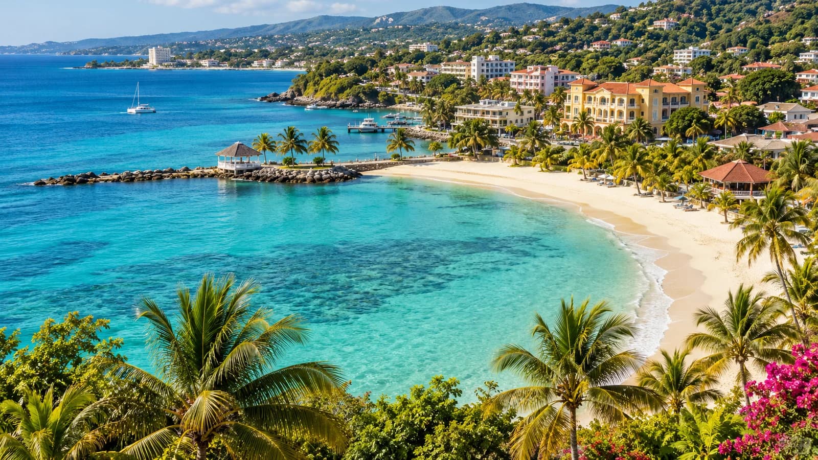 AI ilustrace: Montego Bay, Jamajka — ilustrační pohled na místní architekturu a krajinu