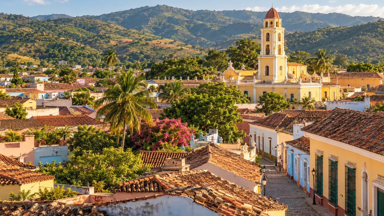 AI ilustrace: Trinidad, Kuba — ilustrační pohled na místní architekturu a krajinu