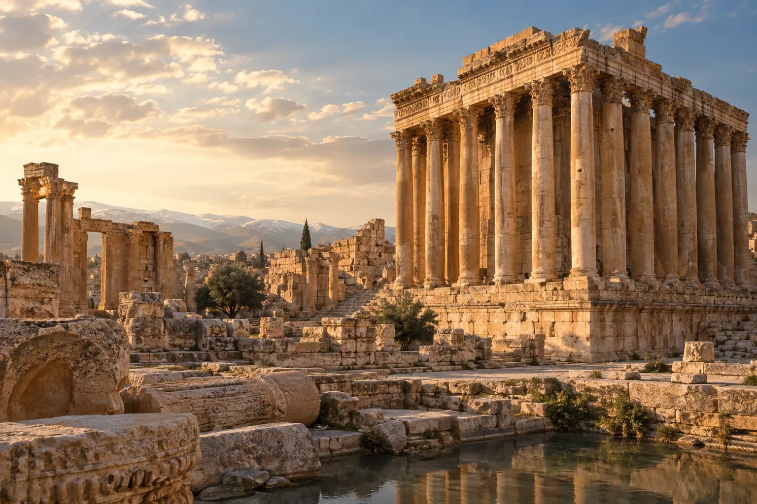 AI ilustrace Baalbek, tradiční architektury nebo krajiny; nikoli aktuálních podmínek
