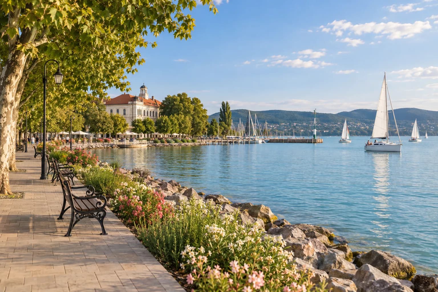 AI ilustrace Tagoreho promenády v Balatonfüredu