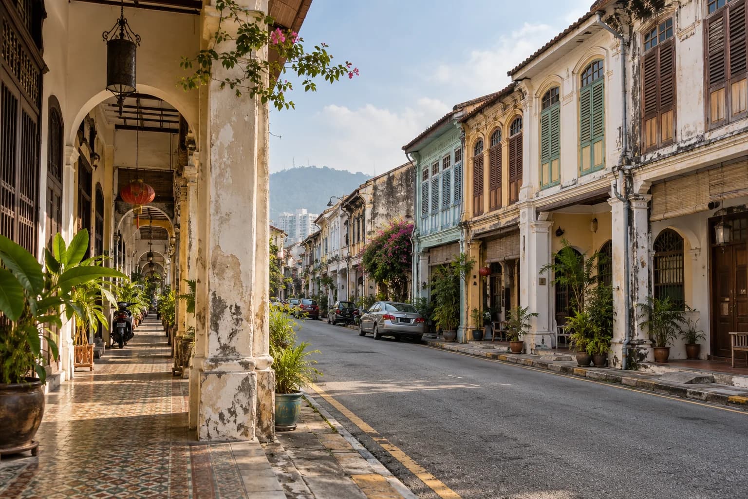 AI ilustrace historických shophouses v George Townu na Penangu