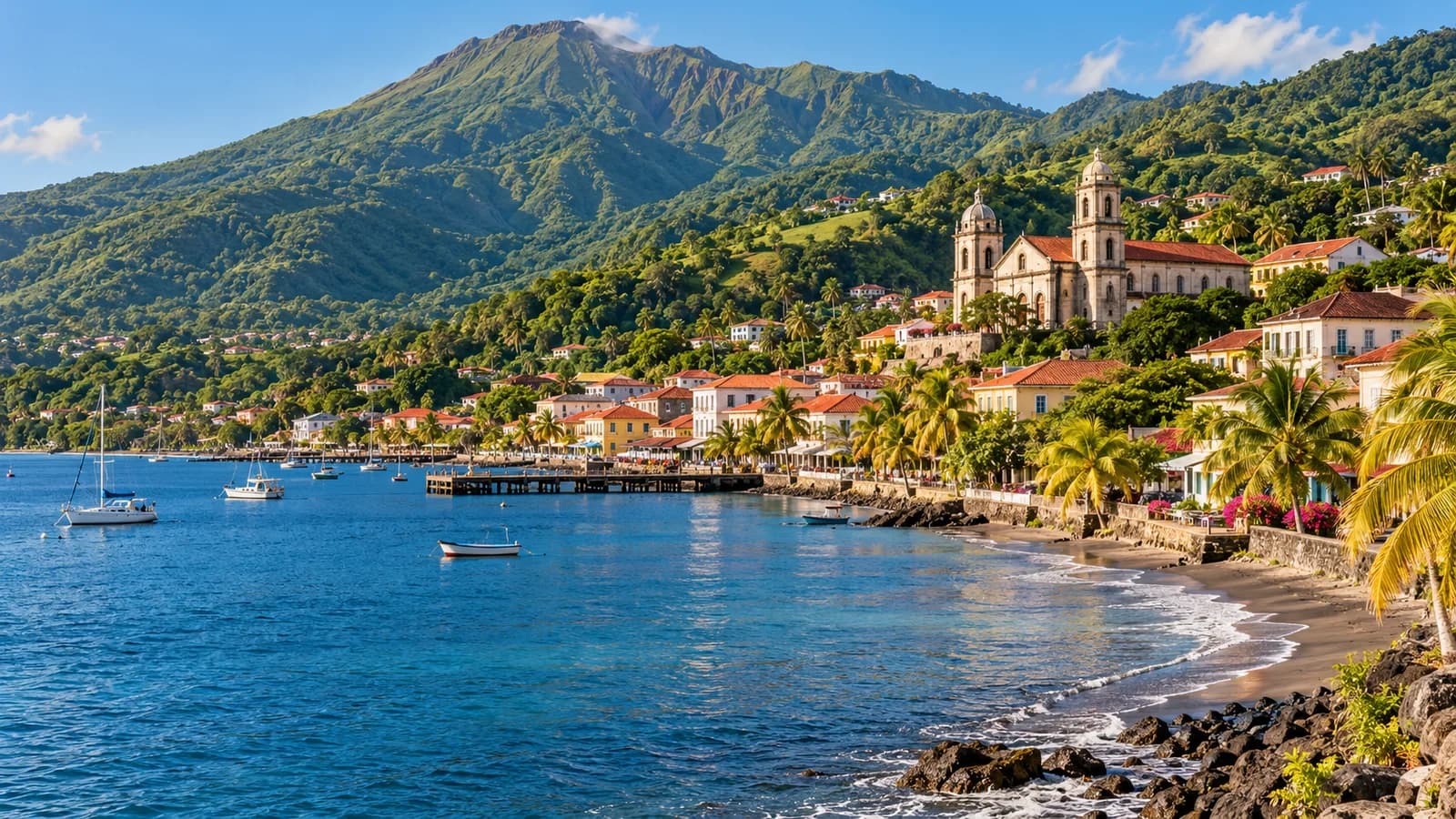 AI ilustrace: Saint-Pierre, Martinik — ilustrační pohled na místní architekturu a krajinu