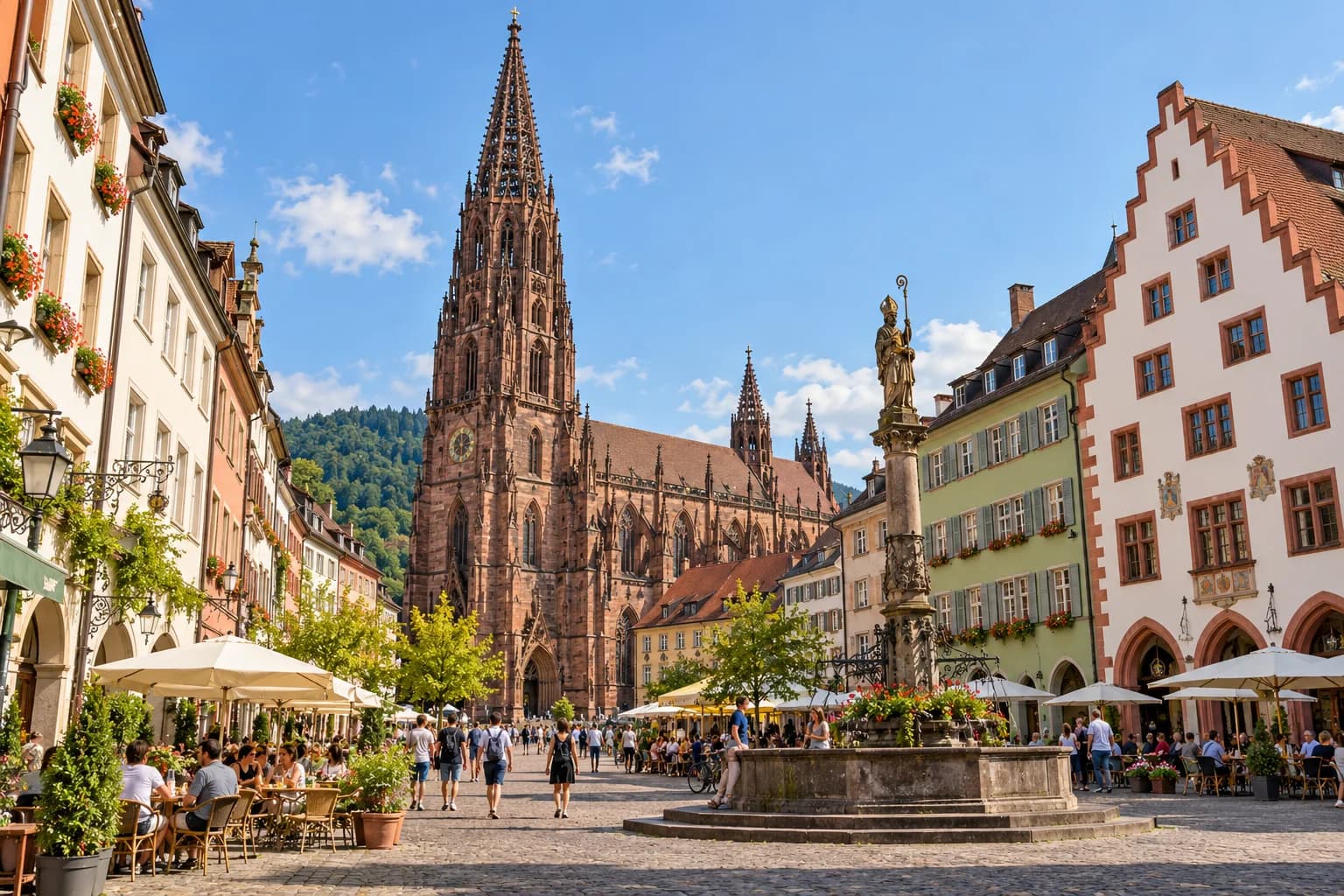 AI ilustrace freiburského Münsterplatzu