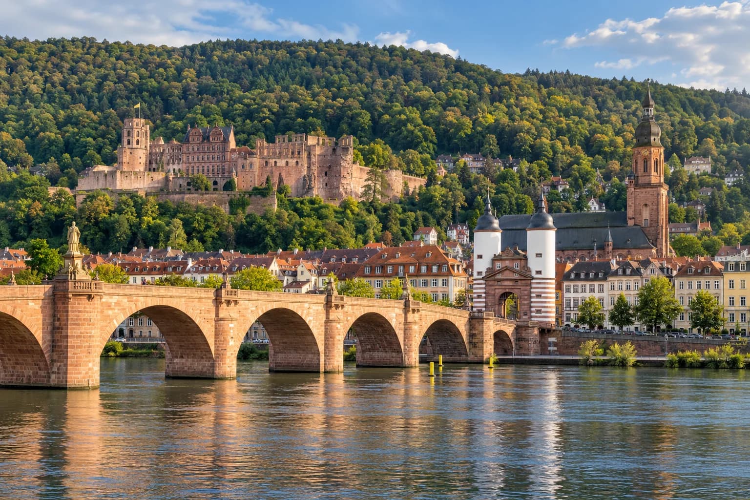 AI ilustrace Neckaru, mostu a heidelberského zámku