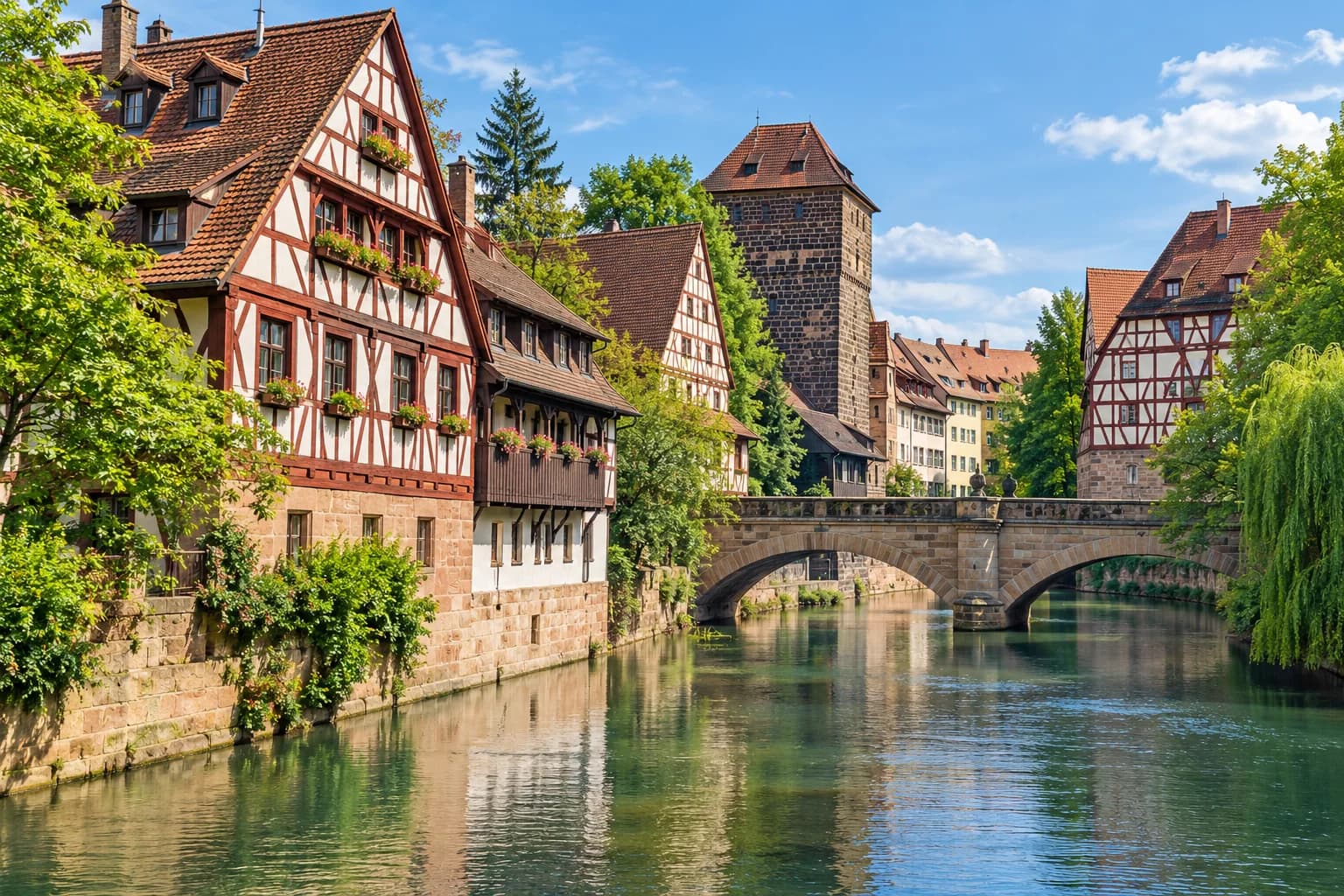 AI ilustrace Pegnitz a starého Norimberku