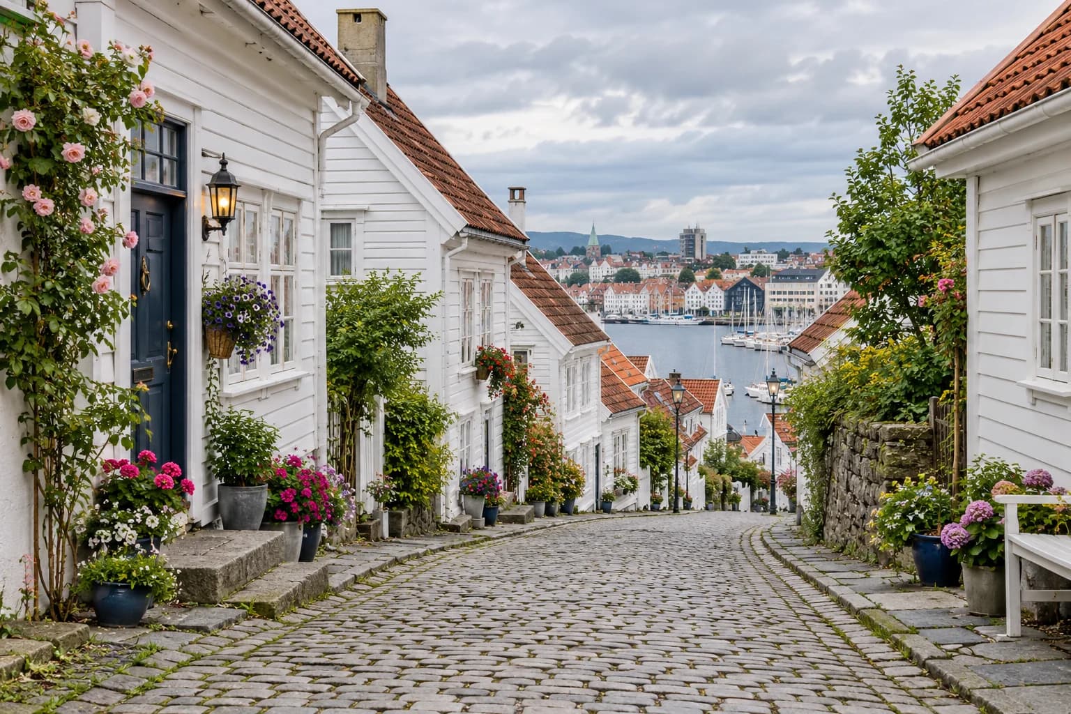 AI ilustrace bílých domů Gamle Stavangeru