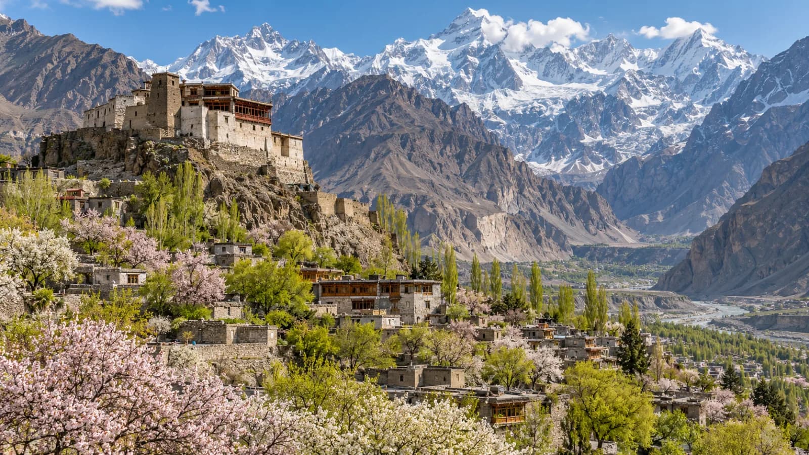 AI ilustrace Hunza · Karimábád: kulturní a krajinná ilustrace, nikoli záznam dnešních podmínek