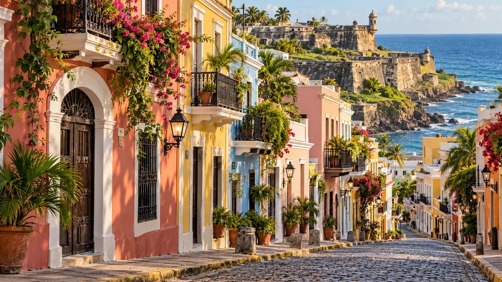 AI ilustrace: San Juan, Portoriko — ilustrační pohled na místní architekturu a krajinu