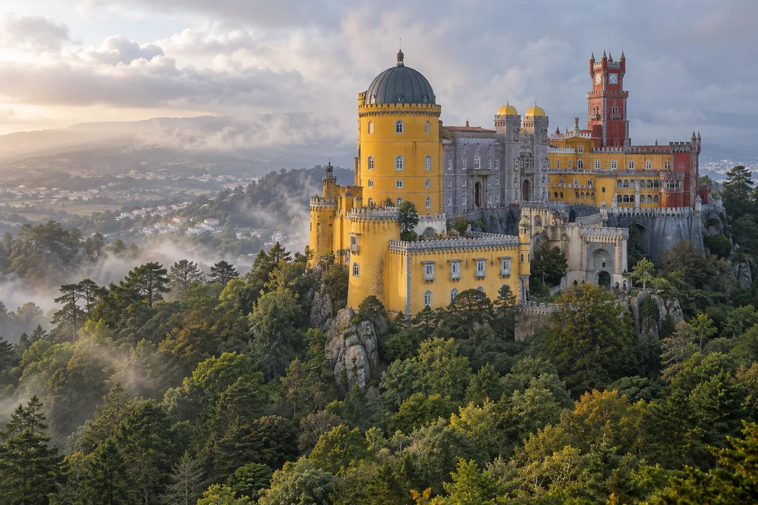 AI ilustrace paláce a zelených kopců Sintry
