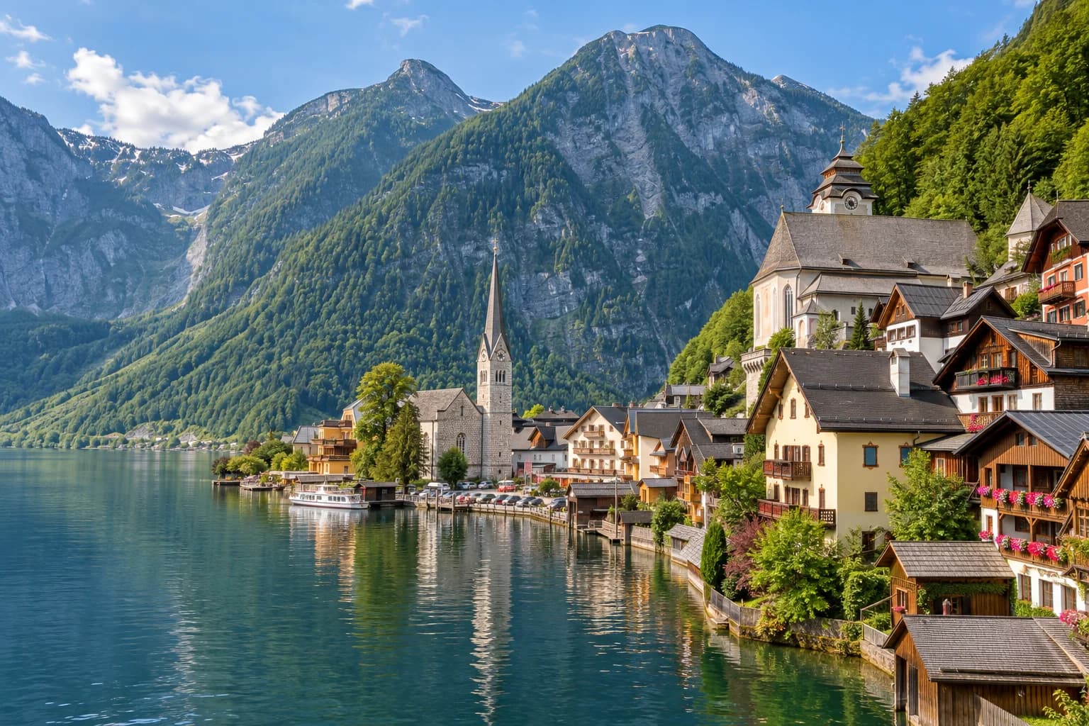AI ilustrace jezerní obce Hallstatt
