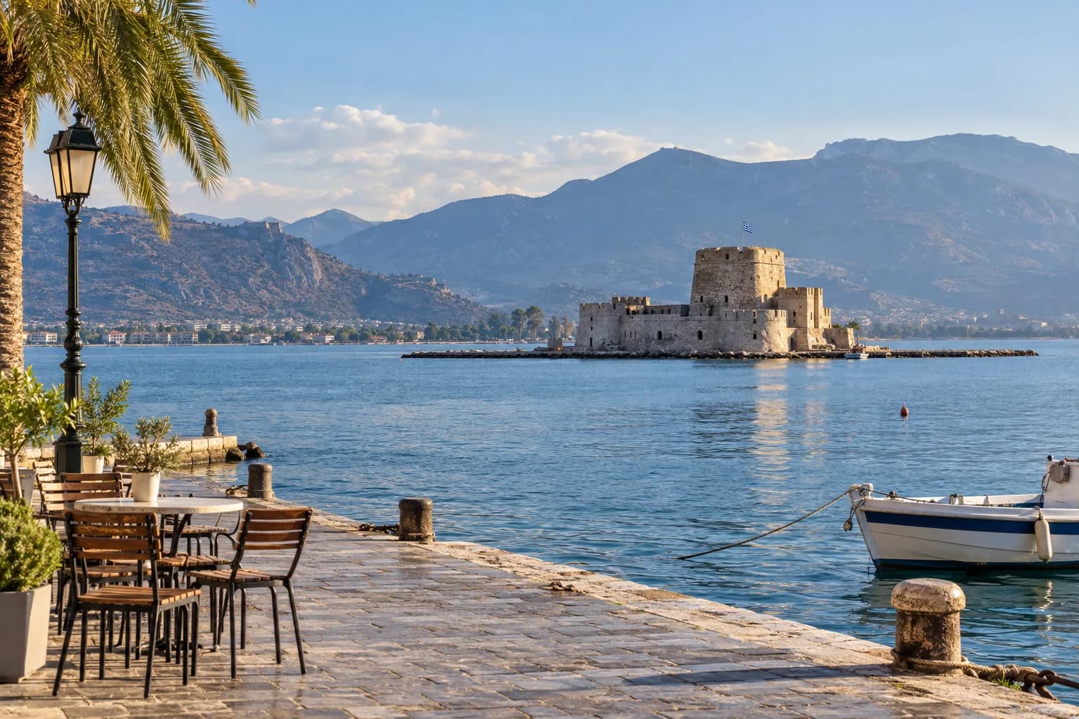 AI ilustrace pobřeží Nafplia a Bourtzi