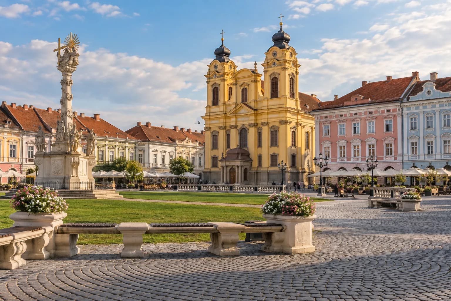 AI ilustrace Piața Unirii v Timișoaře