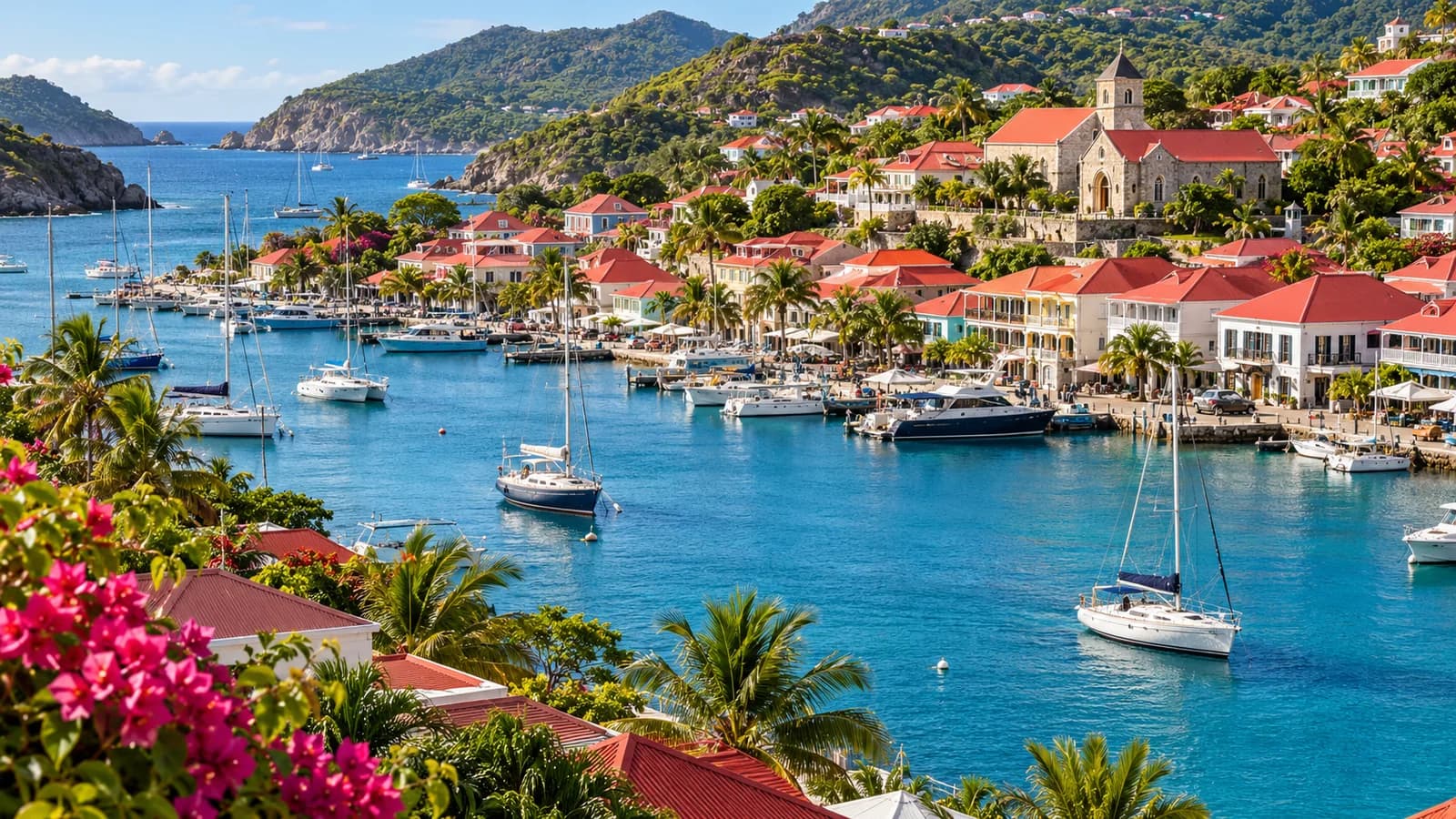AI ilustrace: Gustavia, Saint-Barthélemy — ilustrační pohled na místní architekturu a krajinu