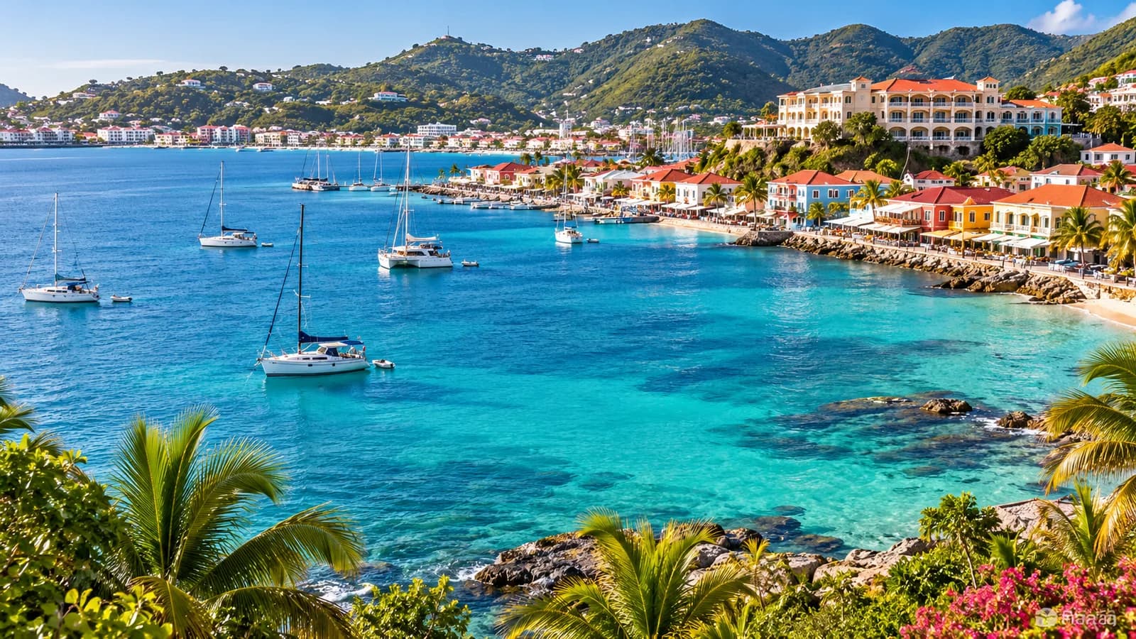 AI ilustrace: Simpson Bay, Sint Maarten · nizozemská část — ilustrační pohled na místní architekturu a krajinu