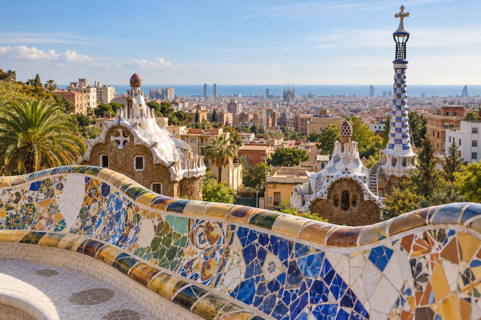 AI ilustrace parku Güell a panoramatu Barcelony