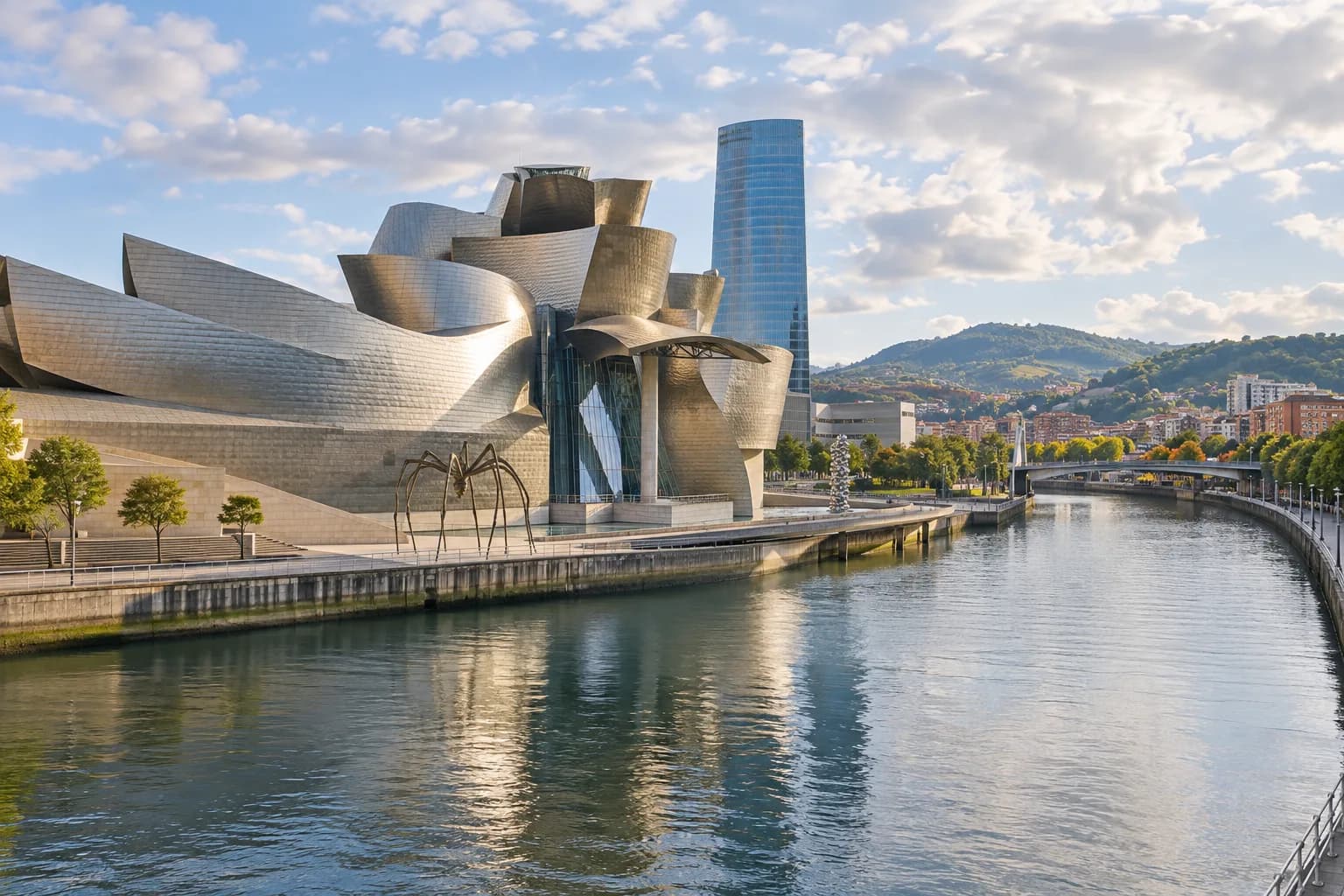 AI ilustrace Guggenheimu a řeky v Bilbau