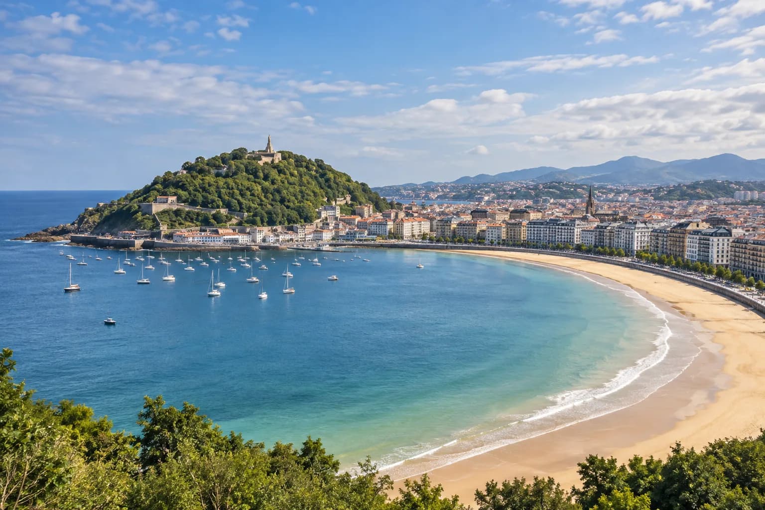 AI ilustrace zálivu La Concha v San Sebastiánu