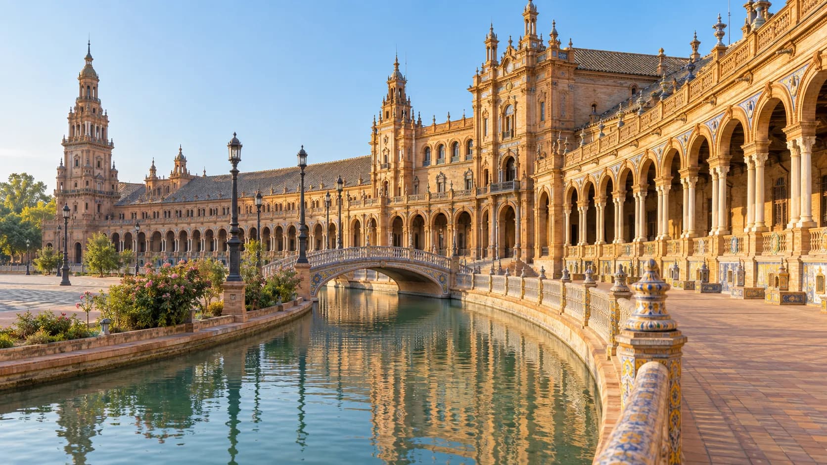 AI ilustrace sevillského Plaza de España