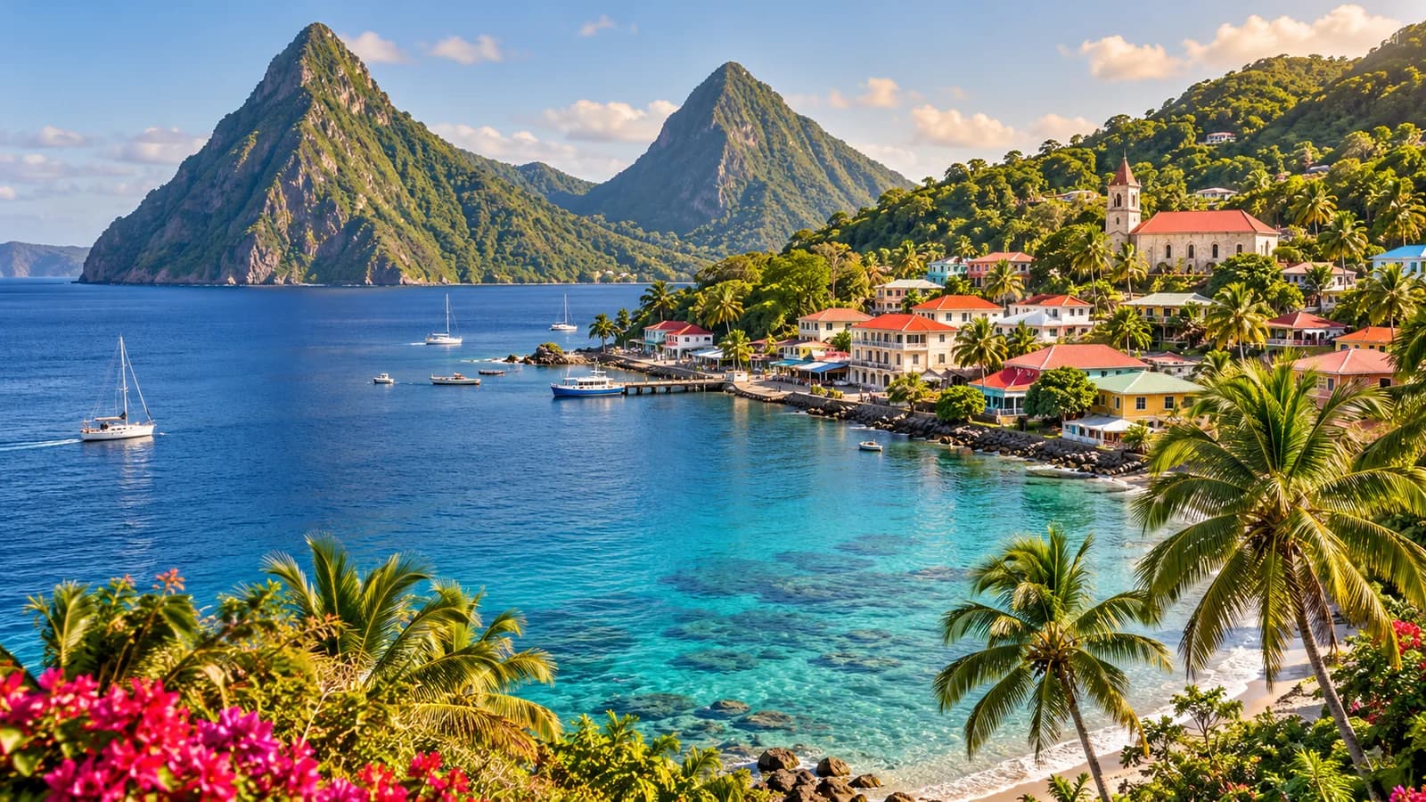 AI ilustrace: Soufrière, Svatá Lucie — ilustrační pohled na místní architekturu a krajinu