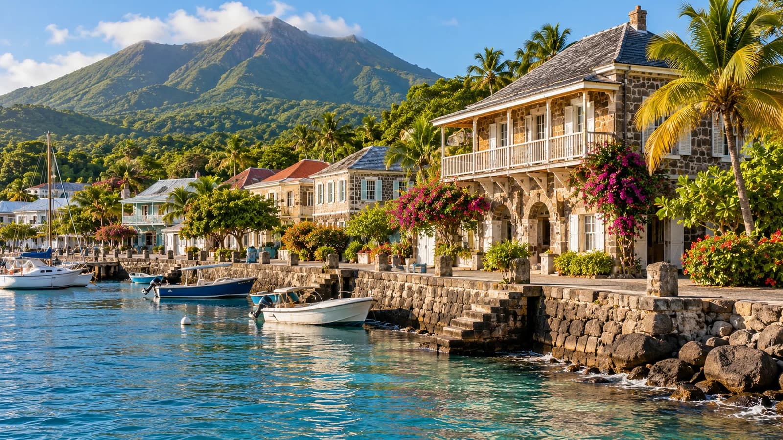 AI ilustrace: Charlestown · Nevis, Svatý Kryštof a Nevis — ilustrační pohled na místní architekturu a krajinu