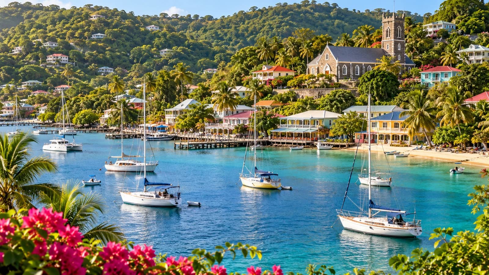 AI ilustrace: Port Elizabeth · Bequia, Svatý Vincenc a Grenadiny — ilustrační pohled na místní architekturu a krajinu