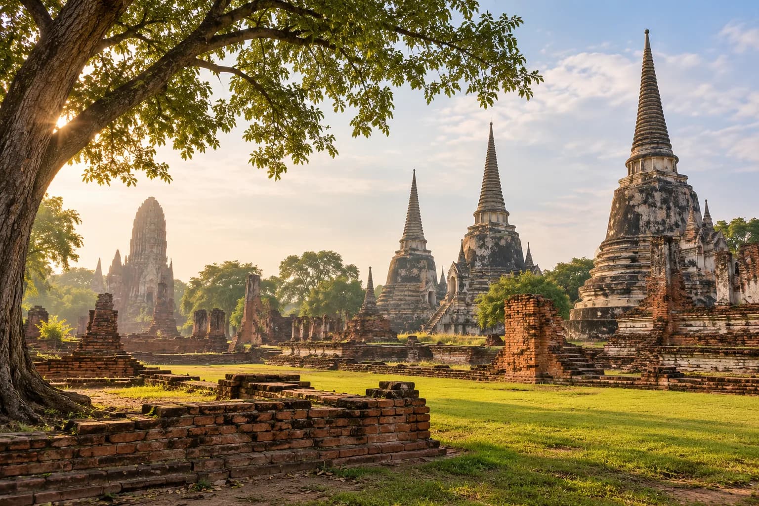 AI ilustrace cihlových chrámových ruin v Ayutthayi