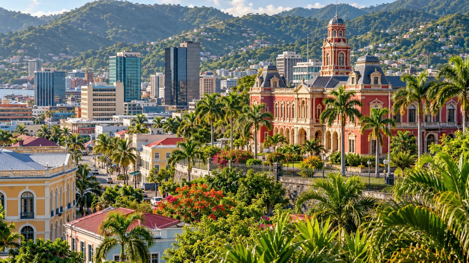 AI ilustrace: Port of Spain, Trinidad a Tobago — ilustrační pohled na místní architekturu a krajinu