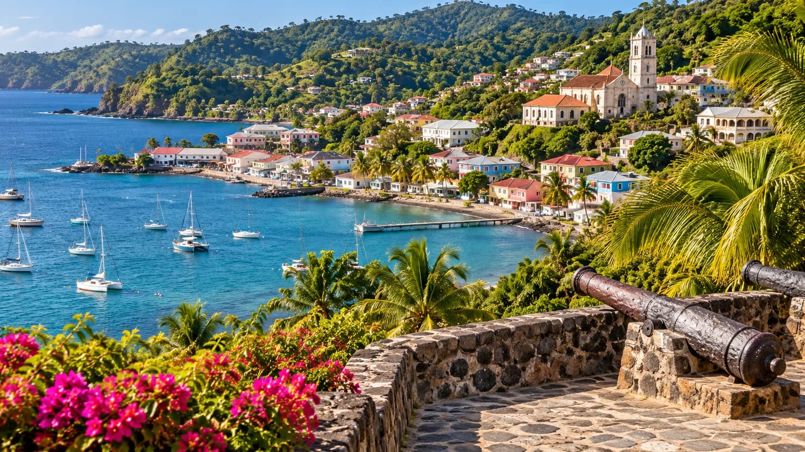 AI ilustrace: Scarborough · Tobago, Trinidad a Tobago — ilustrační pohled na místní architekturu a krajinu
