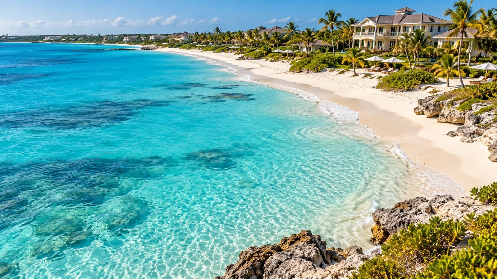 AI ilustrace: Providenciales, Turks a Caicos — ilustrační pohled na místní architekturu a krajinu